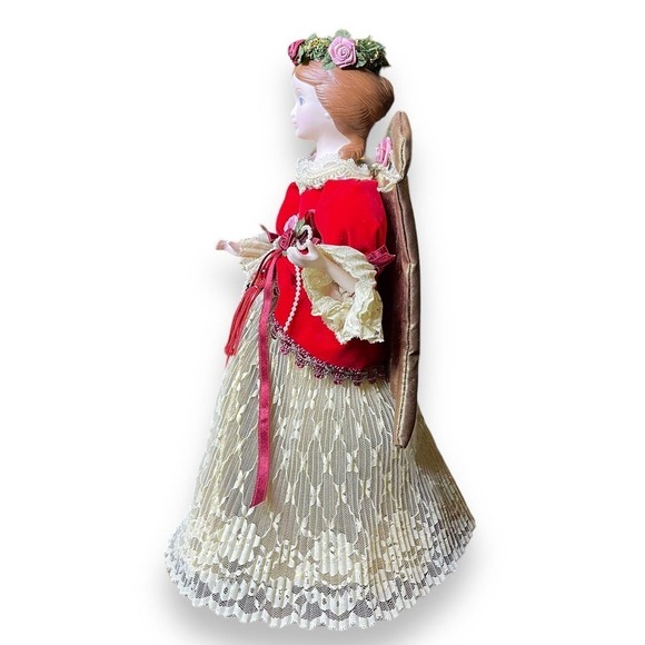 VTG Kurt Adler Angel Tree Topper Large Ornament 1990 Victorian Lace Red Ivory - Picture 7 of 14